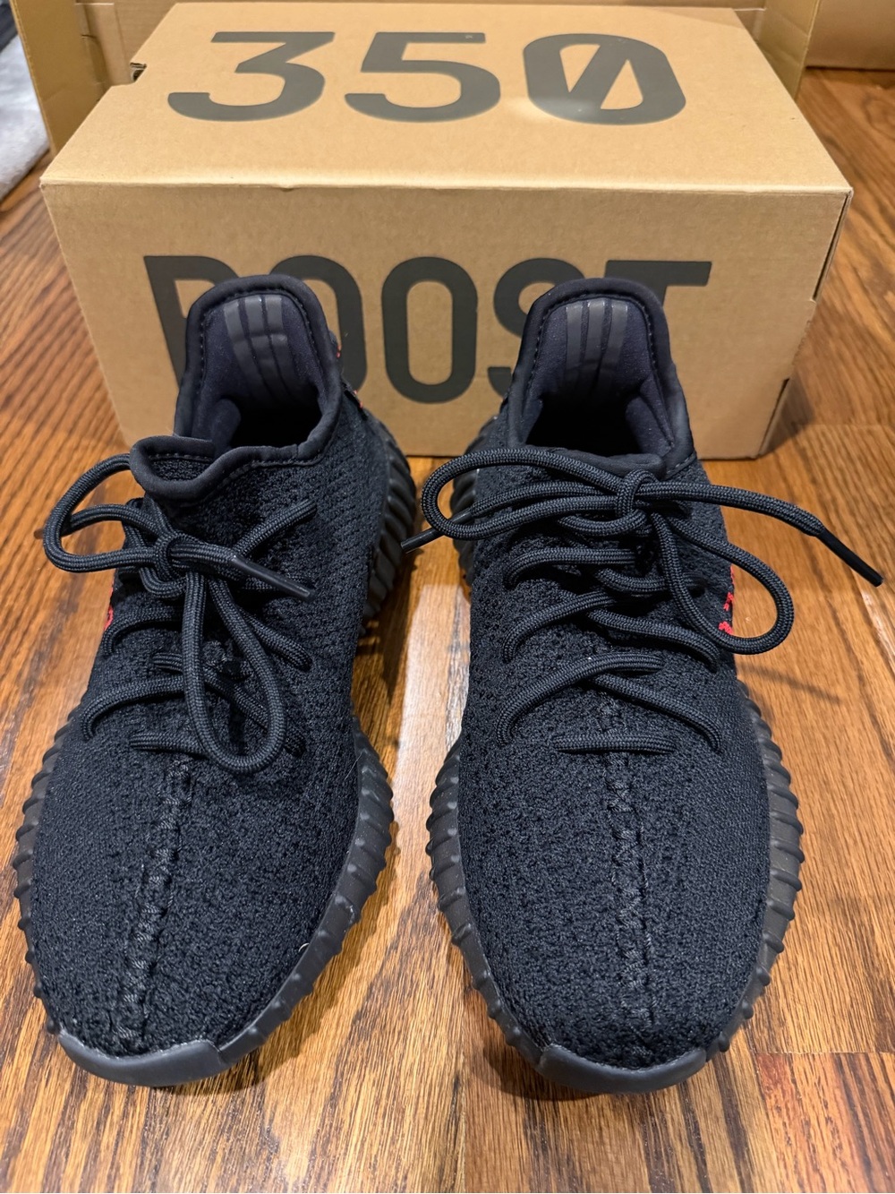 Adidas Men Yeezy Black Knit Sneakers with Red Accents - Boost Style